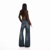 Jeans Mujer Sueltos Pierna Ancha Lavado Americano Desgastado Rasgado Azul-Gris Pantalones Largos Azul-Gris Extendido Yi Chun Patrón de Algodón