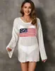 Transfronterizo Amazon Nuevo Temu Más Vendido Cuello Redondo Diseño de Bandera Moda Europea y Americana Pascua Día de la Independencia Blusa de Manga Larga para Mujer