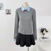 Suéter de Malha Tricô com Gola Lapela e Manga Longa, Design Falso de Duas Peças Costuradas, Roupa de Baixo Redutora de Idade Estilo Coreano para Mulheres, Inverno