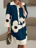 Vestido Francês 3D Estampado Novo Estilo 2026 com Gola Solta e Mangas Três Quartos, Estilo Férias, Elegante e Versátil para Trabalho e Lazer