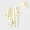 Macacão para Bebê Menina Recém-nascido Sem Costura Primavera e Outono 100% Algodão Macacão com Chapéu Roupa para Bebê e Criança Pequena Roupa de Engatinhar