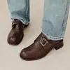 Zapatos de Cuero para Viajar de Piel de Oveja Lavada, Temporada Primavera 2026, Tacón Medio, Punta Redonda, Hebilla Cuadrada, Piel Genuina, Zapatos de Corte Bajo Individuales para Mujer