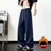 Calça de moletom esportiva masculina estilo americano azul escuro cleanfit bordada casual perna reta calça de treino com forro de fleece