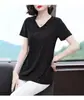 Moda Plus Size Brilhante Gordo mm Verão Solto Decote V Manga Curta Camiseta Feminina Mãe Look Emagrecedor Top Cobre Barriga