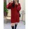 Suéter elegante de seda brilhante de comprimento médio para mulheres outono e inverno Novo vestido solto com decote em V estilo preguiçoso manga lanterna