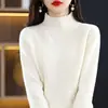 Suéter de mujer de punto de siete agujas 100% lana nuevo otoño e invierno abultado cuello medio alto casual moda único color liso suave cálido