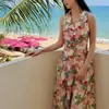 Vestido Longo de Verão Feminino com Gola V Floral e Alças, Estilo Retro Francês Hong Kong, Design de Nicho e Saia em Linha A com Ajuste na Cintura