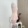 Conjunto de Duas Peças Chic Ouni Feminino Estilo Coreano, Top de Tricô Rosa tipo Camisola e Saia, Tamanho Único Algodão