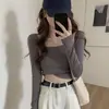 Camisetas Sexy Ajustadas de Manga Larga para Mujer Otoño e Invierno, para Chicas, Chicas Atrevidas, Estilo Corto de Deseo Puro, Camisetas Interiores que Muestran el Ombligo con Cuello Cuadrado