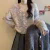 Suéter de Punto Floral Suave Holgado Estilo Coreano Cuello en V Top Cárdigan de Manga Corta con Lunares Retro