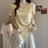Nova Camiseta de Verão 2026 Estilo Coreano Versátil Gola Redonda Ombro a Ombro Manga Curta para Mulheres com Design Elegante de Cintura Franzida