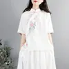 Nova camisa étnica de verão com bordado, gola alta, botões, mangas curtas, estilo chinês retrô, blusa artística com frente oblíqua, corte solto