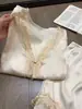 Direto da Fábrica/Conjunto de Pijama de Seda Gelada Cor Champagne Francês para Mulheres, Cardigã de Renda Pode Ser Usado Fora, Conjunto para Casa