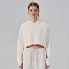Chegada Nova Outono 2026 Esportivo Versátil Hoodie Outdoor Feminino Curto Cor Lisa Moletom com Capuz Solto Cordão Roupa Fitness