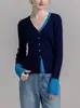 Tejido de Punto Azul con Cuello en V, Abertura y Mangas Largas para Mujer 2025 Primavera Puntadas de Color Contrastante Ajustado Estilo Coreano Ropa de Trabajo