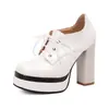 Nuevos Zapatos de Moda Británica para Mujer de Primavera y Otoño Zapatos de Salón con Cordones Delanteros Mary Jane Tacones Gruesos 40-43 Zapatos de Talla Grande