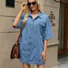 Vestido de ganga lavado com lapela, dois bolsos, botões metálicos, ombros caídos, comércio exterior transfronteiriço europeu e americano Amazon
