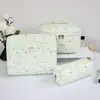 Bolsa de Maquiagem Pequena de Veludo Cotelê Floral com Zíper e Suporte Grande Capacidade Portátil Organizador de Maquiagem com Divisórias Bolsa de Lavar