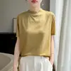 Novedad Primavera/Verano 2026 para Mujer, Holgado, Color Liso, Corto, Cuello Alto, Sencillo, Perezoso, Manga Corta, Tejido Base de Manga Corta