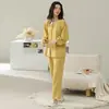 Em Estoque Pijama Feminino Outono/Inverno Conjunto de Seda e Caxemira Gola Redonda Manga Longa Calça Longa Cardigã Simples Casual Roupa de Casa 25