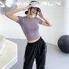 Camiseta deportiva de manga corta de secado rápido para mujer, cuello redondo, corte entallado, combinable, para yoga, adelgazante, informal, plisada, para fitness