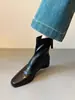 Versión de piel de vaca~Botines cuadrados retro con cremallera trasera adelgazantes, temperamento de oficina, tacón grueso, botas elásticas ajustadas, botas Martin para mujer