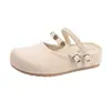 Tamancos de Linho Tecido Estilo Birkenstock Abertos na Ponta Meias-Sapatos de Verão Feminino Nova Roupa Externa Aumento Oculto de Altura Sola Grossa Sandálias Mary Jane