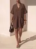 Vestido Curto Casual Feminino Novo Europeu e Americano Transfronteiriço Amazon Decote V Solto Cor Sólida Bolso Estilo Férias