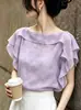 Camisa de Chiffon Ruffle Roxa de Alta Qualidade para Mulheres, Novo Estilo de Verão, Top Único e Bonito, Camisa de Manga Curta que Reduz a Idade