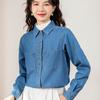 Camisa de Mezclilla Suave Vintage Azul Claro para Mujer, Capa Casual, Nuevo Estilo Otoño, Top Regular para Hombro Petite A3372