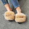 Pantuflas de Piel de Zorro para Mujer 2021 para Uso en Exteriores, Cadena de Pedrería, Sandalias Casuales Versátiles de Tacón Bajo con Piel