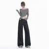 Pantalones de pierna ancha nuevos para otoño/invierno 2026 transfronterizos, mezclilla de retazos a rayas, color original, estilo otoño, jeans de tiro medio para mujer, corte holgado, elásticos