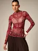 Bestseller transfronterizo europeo y americano retro paisley malla manga larga corte ajustado transparente sexy top básico