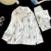 Conjunto de loungewear infantil estilo lapela, tecido fino para primavera e outono, cardigã de manga longa, pijama de algodão estilo coreano com estampa de nuvens para meninas