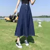 Saia Jeans de cintura alta semi-elástica feminina primavera e verão cobrindo a coxa figura em pera grossa Joker saia longa linha A plus size.