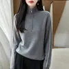Suéter Engrossado 100% Lã Pura Feminino Meio Zíper Gola Alta Tricô Color Block Camada Base Outono Inverno Top Quente