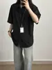 Camisa Negra de Seda de Hielo de Manga Corta para Hombre, Estilo Delgado de Verano, Fresca y Elegante, Camisa de Caída de Alta Gama, Chaqueta Casual Holgada de Media Manga