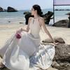 Vestido Sanya Estilo Vacacional con Lazo al Cuello para Mujer, Ropa de Verano para Foto en la Playa, Vestido Largo Súper de Hada y Hermoso Color Crema Albaricoque