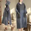 Vestido de Mezclilla con Capucha de Manga Larga, Talla Grande, de Contraste, Longitud Media para Mujer, con Abertura Blanca Desgastada y Falda Suelta, para Primavera y Otoño