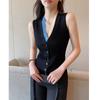 Chaleco de Punto sin Mangas de Punto con Cuello en V de Color Contrastante Negro Falso de Dos Piezas para Mujer, Nuevo Verano 2025 Top Retro Simple