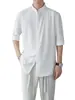 Nueva Camisa de Estilo Chino con Cuello Mao para Hombre, Nueva Camisa de Verano, Top de Seda Helada con Caída, Manga Media, Manga Tres Cuartos