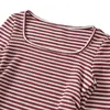 Conjunto de Mujer Coreano Estilo Coreano Retro Camiseta de Manga Larga a Rayas para Mujer Cuello en U Ajustado Sexy Espalda Descubierta Adelgazante Top Base
