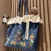 Bolso de Mano de Mezclilla de Hombro Único Bordado con Encaje Empalmado Dulce Estilo Japonés Retro Nuevo Estilo Primavera y Verano