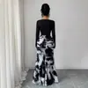 Vestido ajustado de manga larga con estampado y retazos de moda de verano transfronteriza europea y americana 2026, vestido largo de corte ceñido
