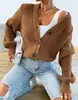 Suéter de punto de manga larga para comercio exterior transfronterizo, color liso, cuello de botonadura única, cárdigan de punto para otoño e invierno, chaqueta de moda versátil de corte holgado para mujer