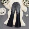 Jeans flare retrô americano feminino costura slim emagrecedor calça flare primavera hot girl elástico cintura alta calça comprida