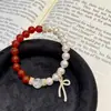 Pulsera Exquisita de Estilo Lujo Ligero de Cristal Blanco Transparente con Cinta, Agata Roja Natural Ensamblada con Perlas Swarovski para Mujer, Pulsera de Alta Gama