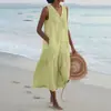 Verão 2025 Exportação Cor Pura Algodão Estilo Jardineira Tendência Roupa de Trabalho Saia Longa Solta Cintura Baixa Decote V Vestido Rosa