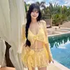 Conjunto de Biquíni Cortado para Mulheres ins Alto Sexy Renda Manga Longa Roupa de Banho de Férias Bikini Estilo Puro Desejo