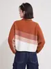 Coleção de outono de Miyake: Camisa básica feminina listrada color block, com gola franzida, mangas morcego, corte solto, comprimento curto e design texturizado de manga longa